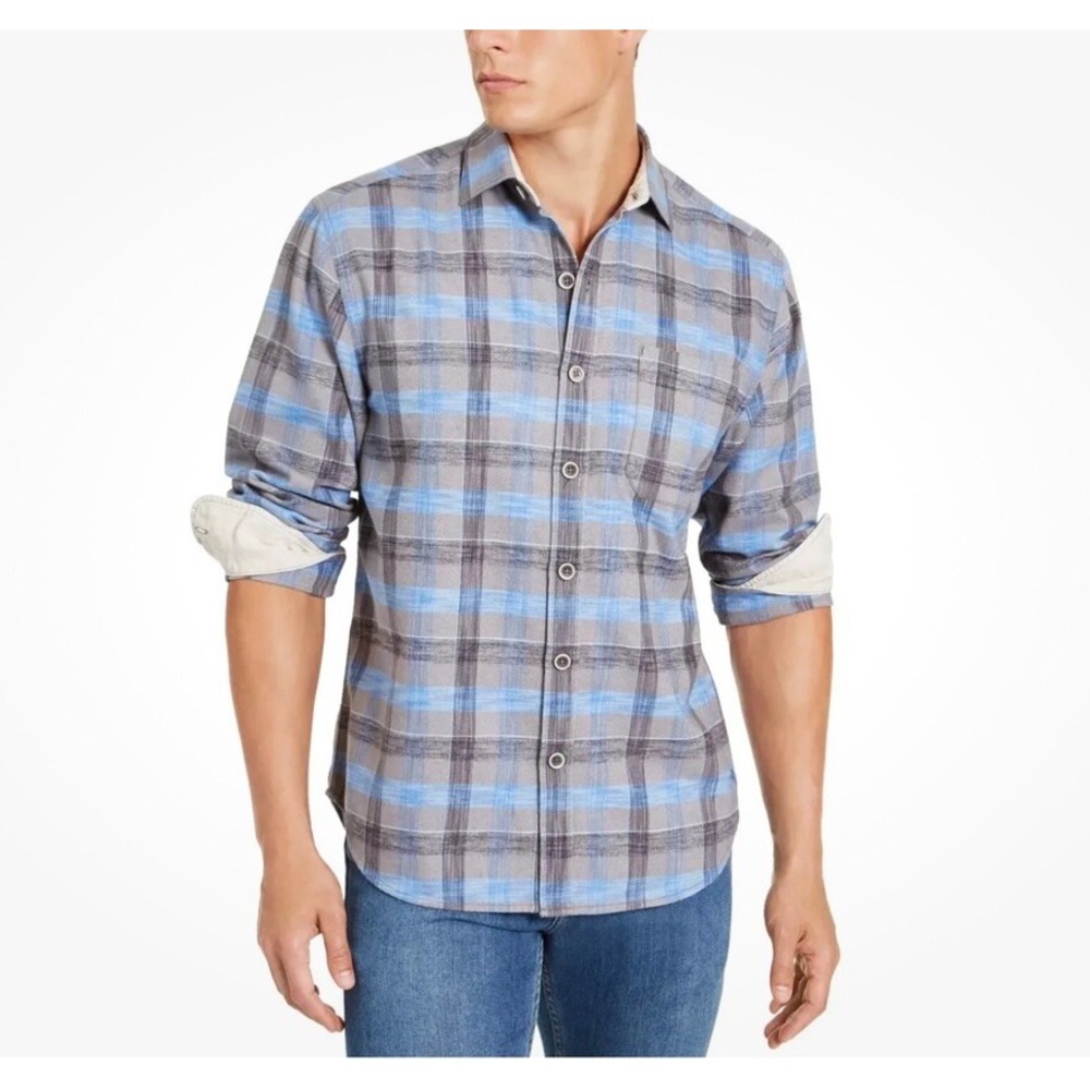 Tommy Bahama shirt Men's Size L Gray Blue Button Up Canyon Beach Plaid